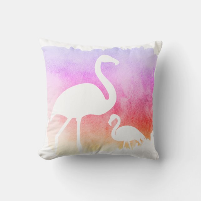 Sunset Watercolor White Flamingos Throw Pillow (Front)