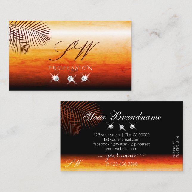Sunset Watercolors Palm Leaves Diamonds Initials Business Card (Front/Back)