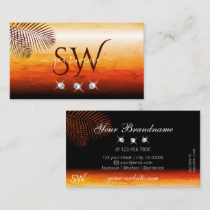 Sunset Watercolors Palm Leaves Diamonds Monogram Business Card