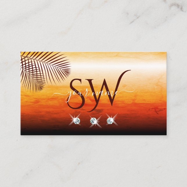 Sunset Watercolors Palm Leaves Diamonds Monogram Business Card (Front)