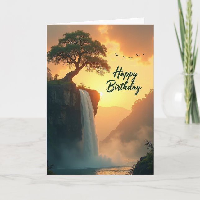 Sunset Waterfall Birthday Card (Front)
