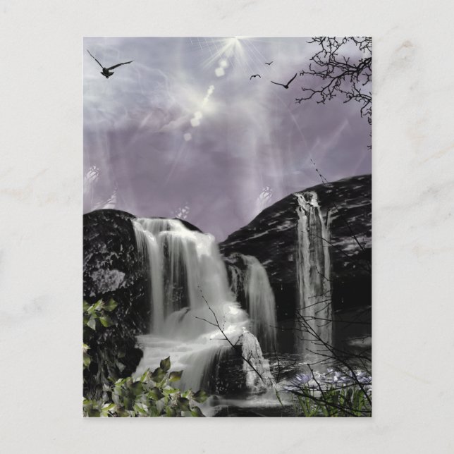Sunset Waterfall Fantasy Signed Mini Print Postcard (Front)