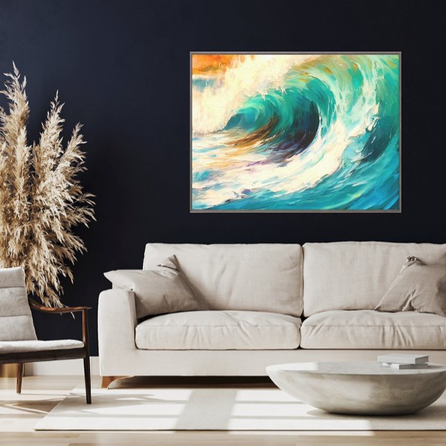 Sunset Wave Bold Ocean Art Teal and Burnt Orange Canvas Print (Crashing Ocean Waves Teal and Burnt Orange Abstract Coastal Canvas Art)