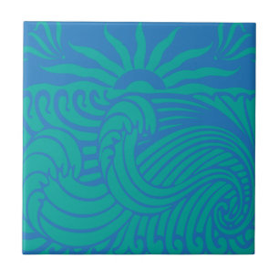 Sunset Waves Boho Beach Graphic Ceramic Tile