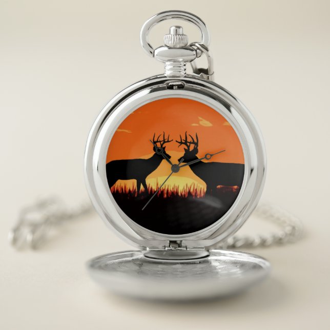 Sunset Whitetail Deer Showdown, Deer Hunting Pocket Watch (Inside)
