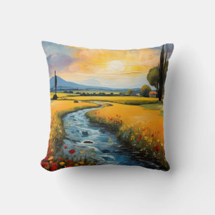 Sunset Wildflowers Field Countryside With A Stream Throw Pillow