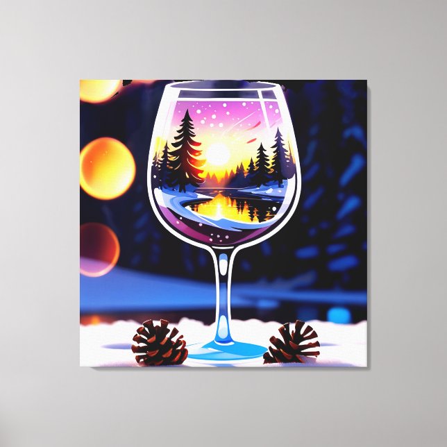 Sunset Winter Scene Reflected In Wine Glass Canvas Print (Front)