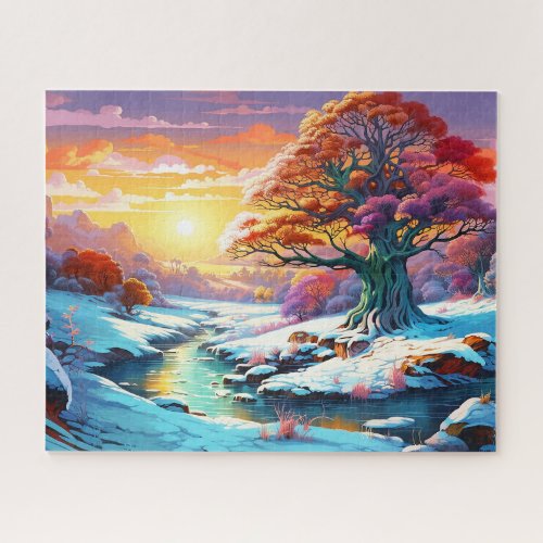 Sunset Winter Snow Nature Colorful Print Landscape Jigsaw Puzzle