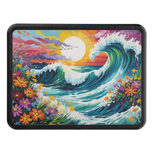 Sunset with Crashing Waves and Wildflowers Hitch Cover