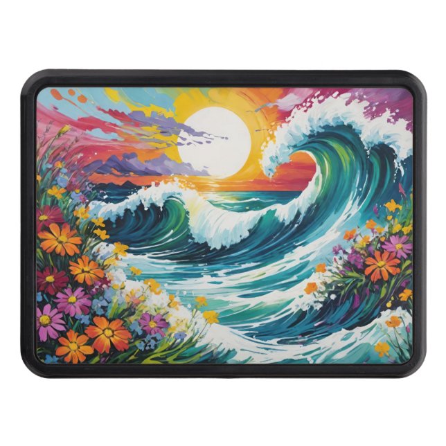 Sunset with Crashing Waves and Wildflowers Hitch Cover (Front)