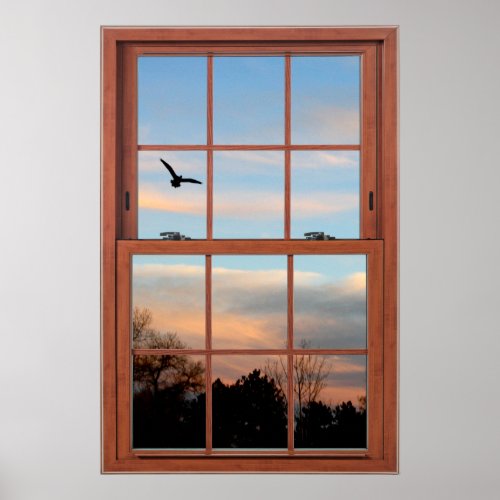 Sunset with Flying Bird Scene Window Illusion Poster