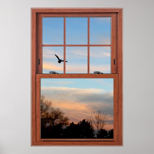 Sunset with Flying Bird Scene Window Illusion Poster