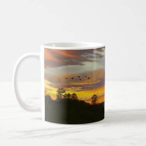 Sunset with Geese Flying Uplifting Scripture JW Coffee Mug