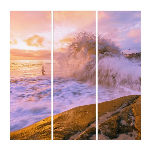 Sunset with Large Wave at Windansea Beach Triptych