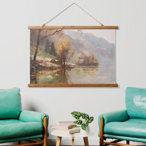 Sunset with Mountain and River Hanging Tapestry