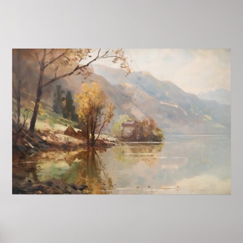 Sunset with Mountain and River Poster