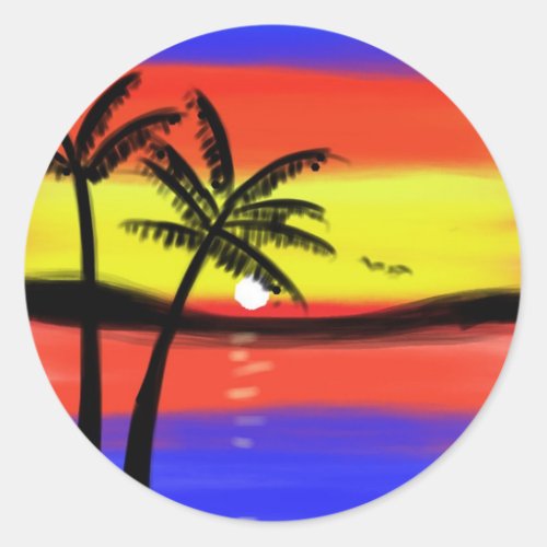 Sunset with Palm Trees Classic Round Sticker