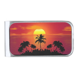 Sunset with Palm Trees Silhouette-16514 Silver Finish Money Clip