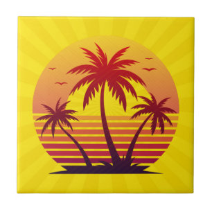 Sunset With Palm Trees Vector Ceramic Tile