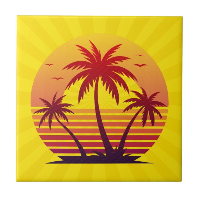 Sunset With Palm Trees Vector Ceramic Tile (Front)
