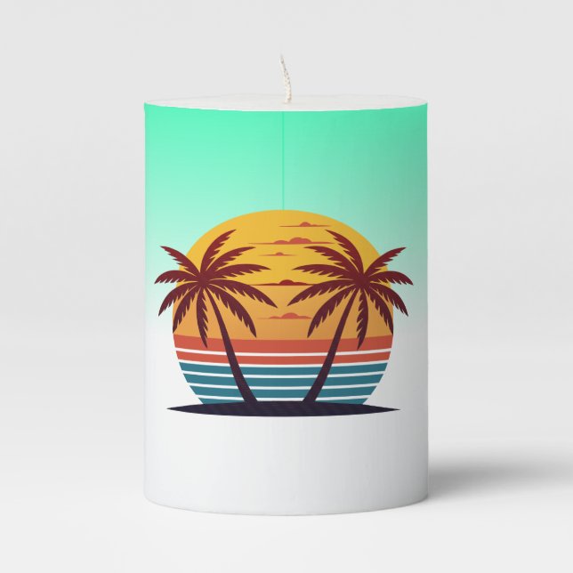 Sunset with Palm Trees Vector Pillar Candle (Front)