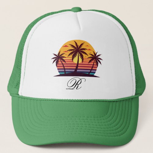 Sunset With Palm Trees Vector Trucker Hat