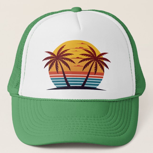 Sunset With Palm Trees Vector Trucker Hat (Front)