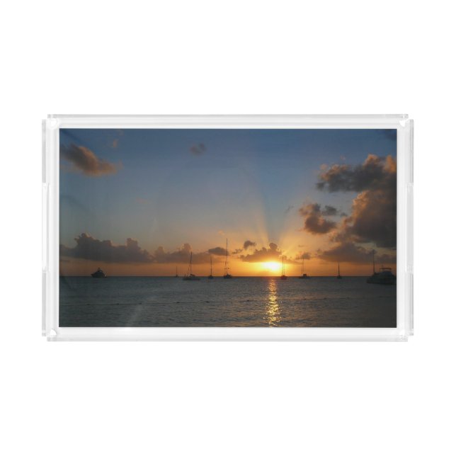Sunset with Sailboats Tropical Landscape Photo Acrylic Tray (Front)
