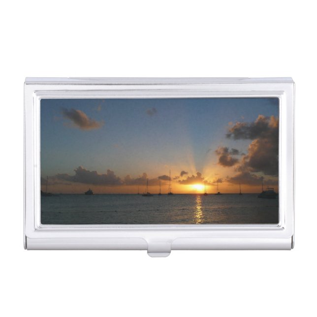 Sunset with Sailboats Tropical Landscape Photo Business Card Holder (Front)