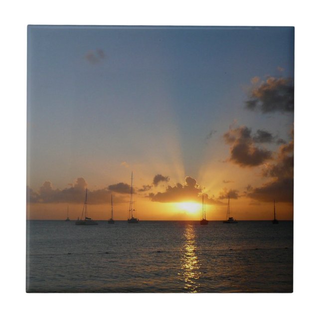 Sunset with Sailboats Tropical Landscape Photo Ceramic Tile (Front)