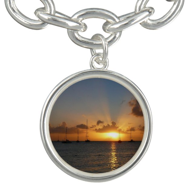 Sunset with Sailboats Tropical Landscape Photo Charm Bracelet (Design)