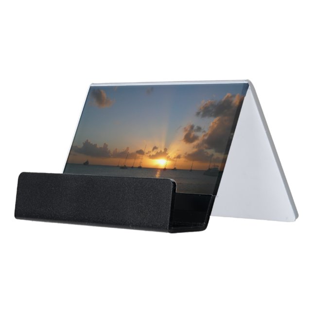 Sunset with Sailboats Tropical Landscape Photo Desk Business Card Holder (Angled Front)