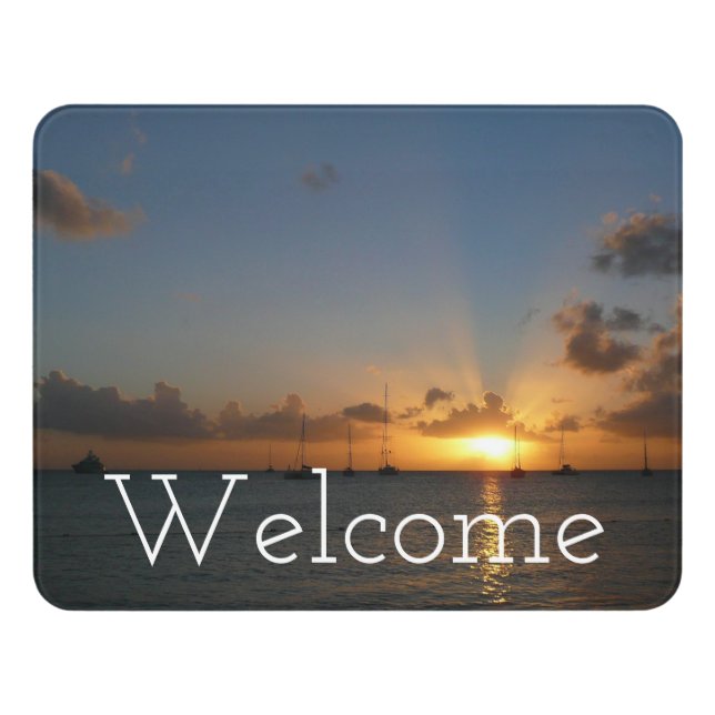 Sunset with Sailboats Tropical Landscape Photo Door Sign (Contemporary Front)