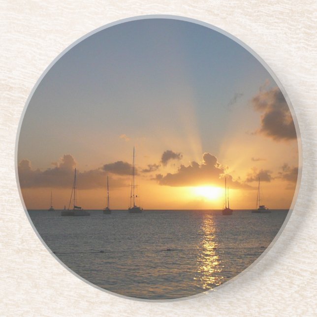 Sunset with Sailboats Tropical Landscape Photo Drink Coaster (Front)