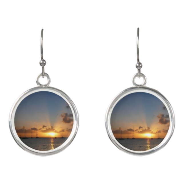 Sunset with Sailboats Tropical Landscape Photo Earrings (Front)