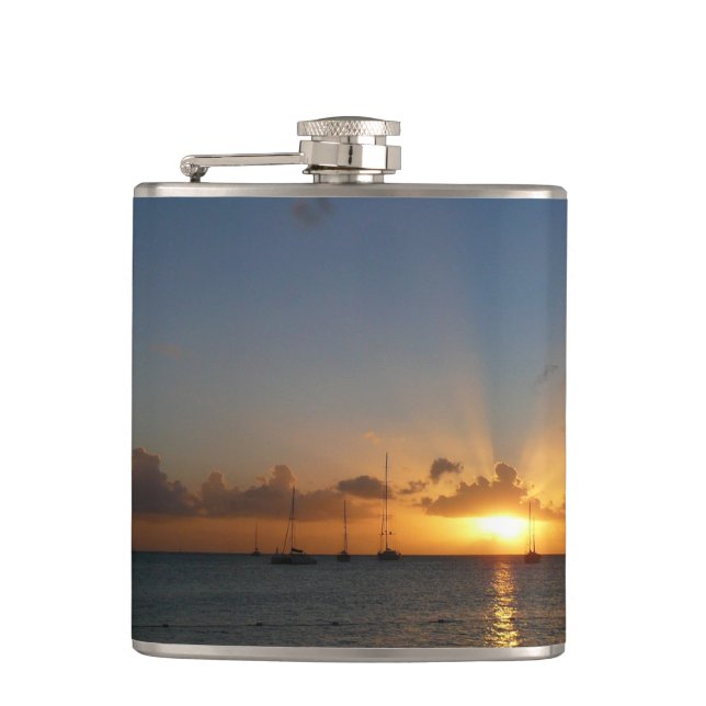 Sunset with Sailboats Tropical Landscape Photo Flask (Front)