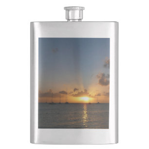 Sunset with Sailboats Tropical Landscape Photo Flask