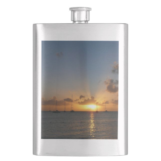 Sunset with Sailboats Tropical Landscape Photo Flask (Front)