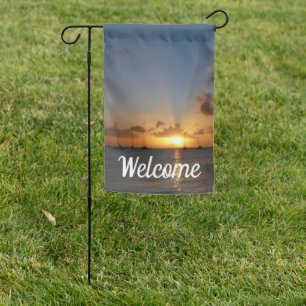 Sunset with Sailboats Tropical Landscape Photo Garden Flag