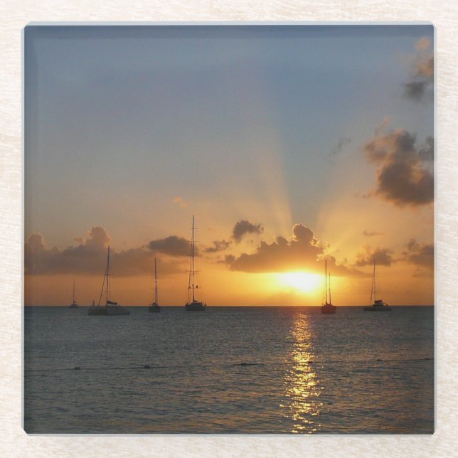 Sunset with Sailboats Tropical Landscape Photo Glass Coaster (Front)