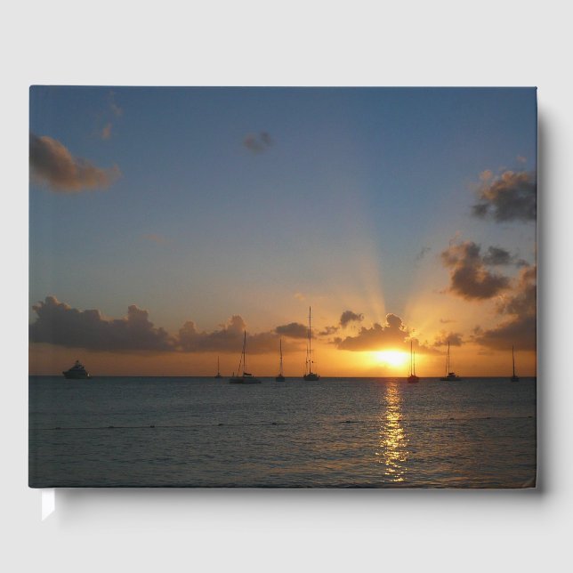 Sunset with Sailboats Tropical Landscape Photo Guest Book (Front)