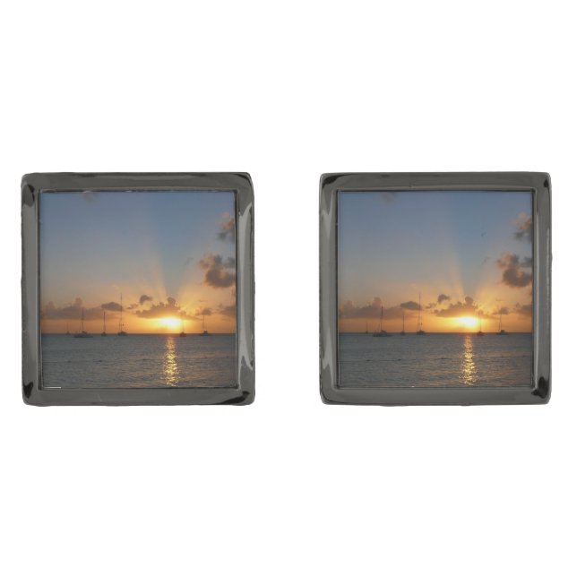 Sunset with Sailboats Tropical Landscape Photo Gunmetal Finish Cufflinks (Front)