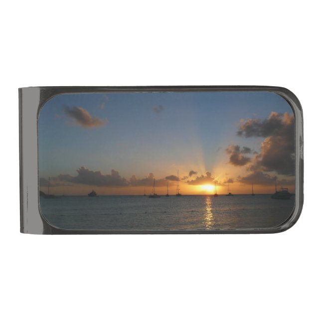 Sunset with Sailboats Tropical Landscape Photo Gunmetal Finish Money Clip (Front)