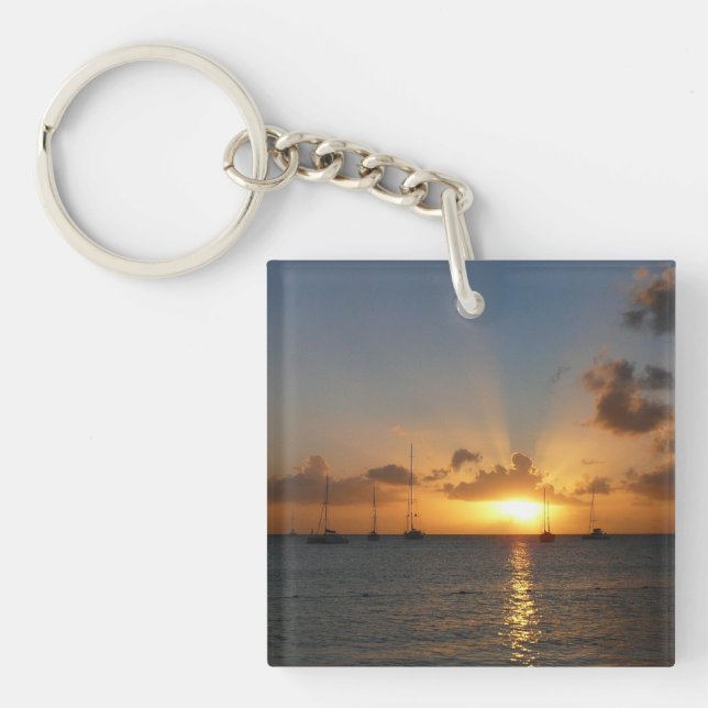Sunset with Sailboats Tropical Landscape Photo Keychain (Front)