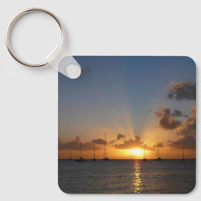 Sunset with Sailboats Tropical Landscape Photo Keychain (Front)