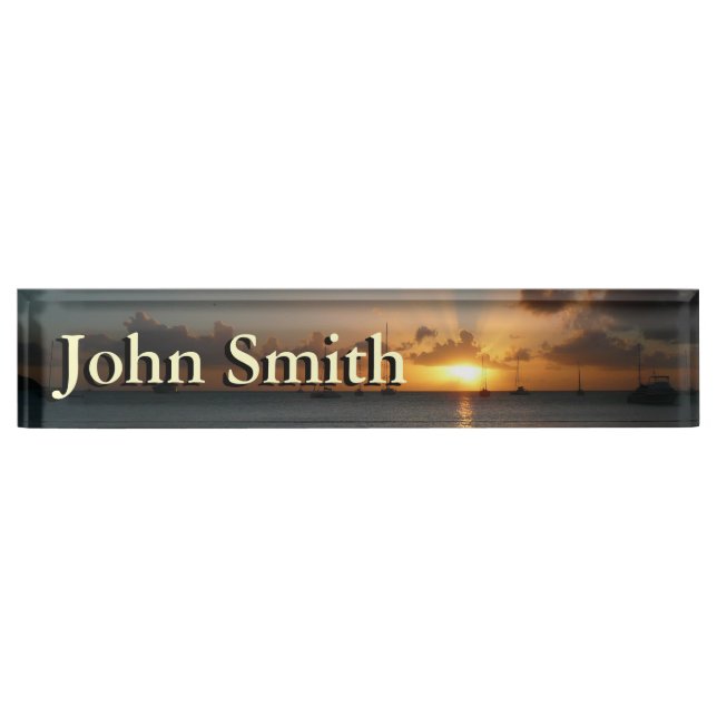 Sunset with Sailboats Tropical Landscape Photo Name Plate (Front)