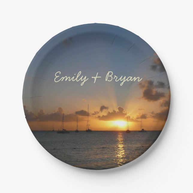 Sunset with Sailboats Tropical Landscape Photo Paper Plates (Front)