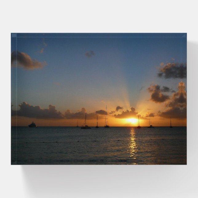 Sunset with Sailboats Tropical Landscape Photo Paperweight (Front)