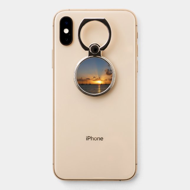 Sunset with Sailboats Tropical Landscape Photo Phone Ring Stand (On Phone)