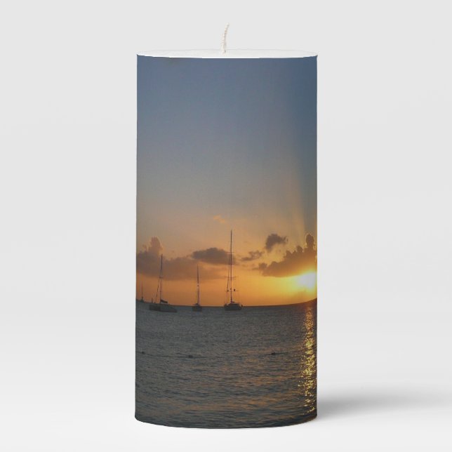 Sunset with Sailboats Tropical Landscape Photo Pillar Candle (Front)